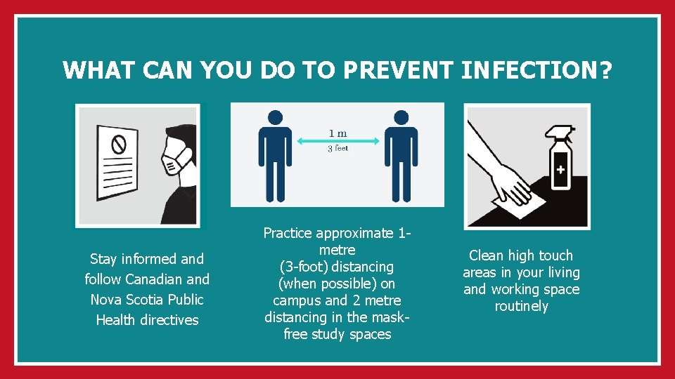 WHAT CAN YOU DO TO PREVENT INFECTION? Stay informed and follow Canadian and Nova