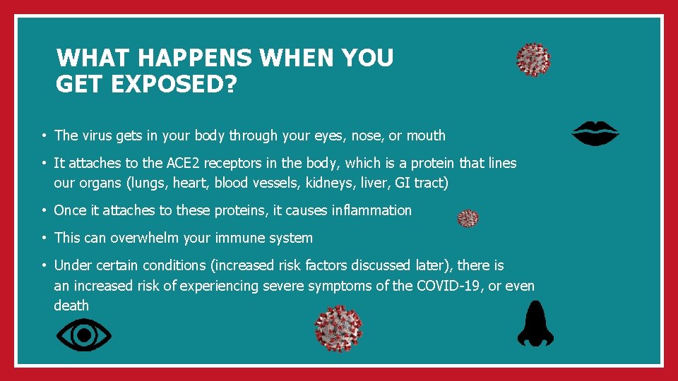 WHAT HAPPENS WHEN YOU GET EXPOSED? • The virus gets in your body through