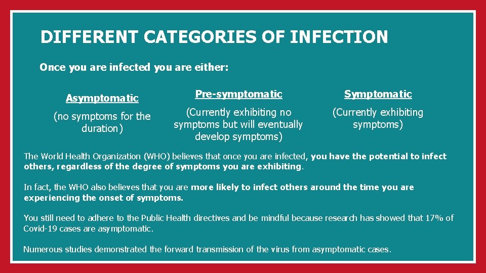 DIFFERENT CATEGORIES OF INFECTION Once you are infected you are either: Asymptomatic Pre-symptomatic Symptomatic