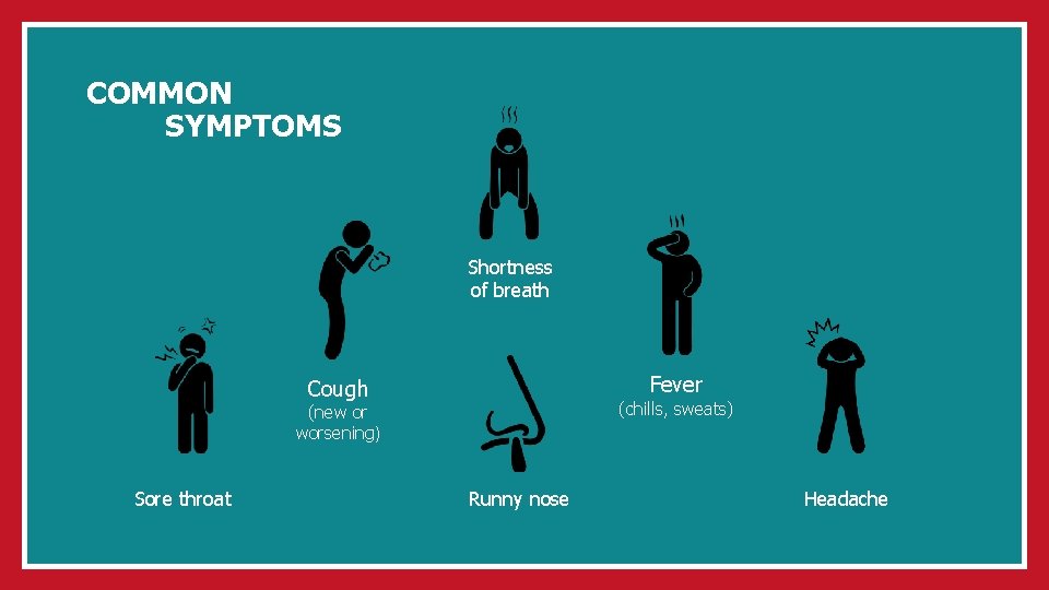 COMMON SYMPTOMS Shortness of breath Fever Cough (chills, sweats) (new or worsening) Sore throat