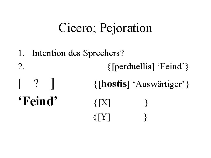 Cicero; Pejoration 1. Intention des Sprechers? 2. {[perduellis] ‘Feind’} ] ‘Feind’ [ ? {[hostis]