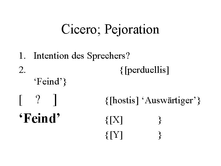 Cicero; Pejoration 1. Intention des Sprechers? 2. {[perduellis] ‘Feind’} ] ‘Feind’ [ ? {[hostis]