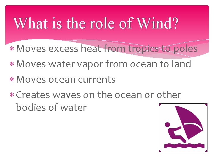 What is the role of Wind? Moves excess heat from tropics to poles Moves