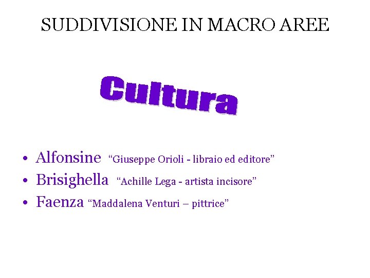 SUDDIVISIONE IN MACRO AREE • Alfonsine “Giuseppe Orioli - libraio ed editore” • Brisighella