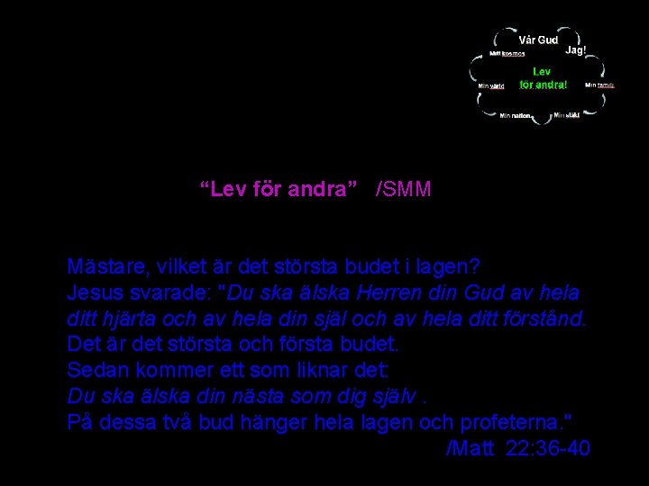 “Lev för andra” /SMM Mästare, vilket är det största budet i lagen? Jesus svarade: “Lev för andra” /SMM Mästare, vilket är det största budet i lagen? Jesus svarade: