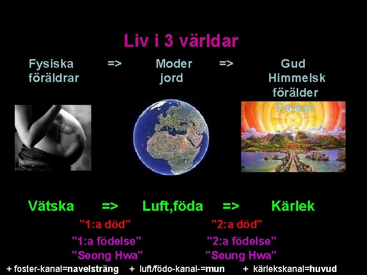 Liv i 3 världar Fysiska föräldrar Vätska => Moder jord => Luft, föda ” Liv i 3 världar Fysiska föräldrar Vätska => Moder jord => Luft, föda ”