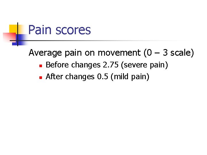 Pain scores Average pain on movement (0 – 3 scale) n n Before changes