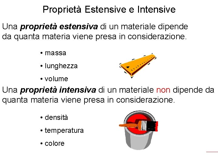 Proprietà Estensive e Intensive Una proprietà estensiva di un materiale dipende da quanta materia