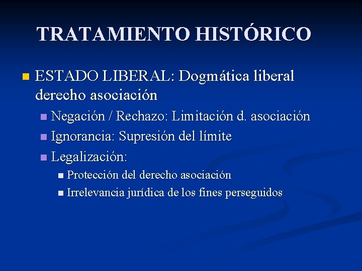 TRATAMIENTO HISTÓRICO n ESTADO LIBERAL: Dogmática liberal derecho asociación Negación / Rechazo: Limitación d.