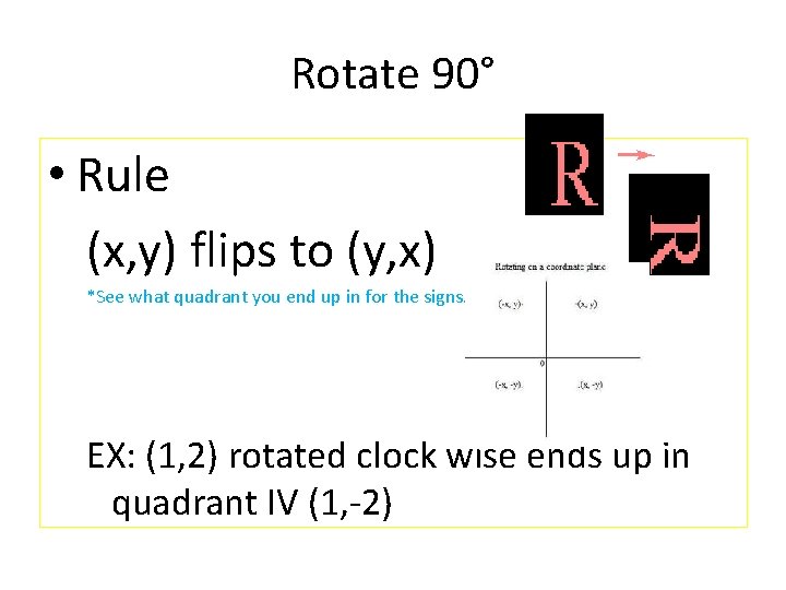 Rotate 90° • Rule (x, y) flips to (y, x) *See what quadrant you