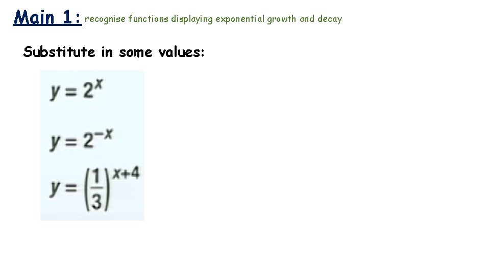 Main 1: recognise functions displaying exponential growth and decay Substitute in some values: 