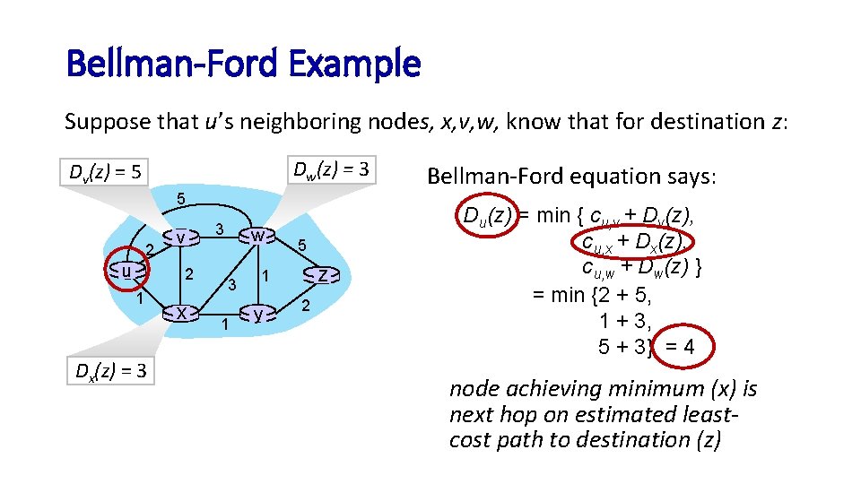 Bellman-Ford Example Suppose that u’s neighboring nodes, x, v, w, know that for destination