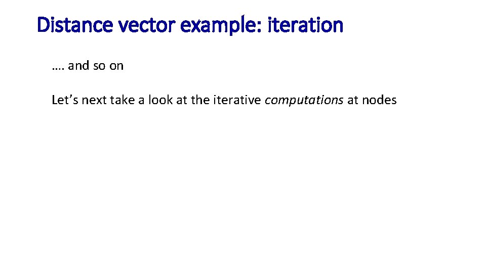Distance vector example: iteration …. and so on Let’s next take a look at