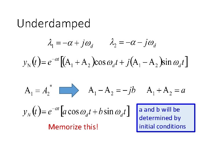 Underdamped Memorize this! a and b will be determined by initial conditions 