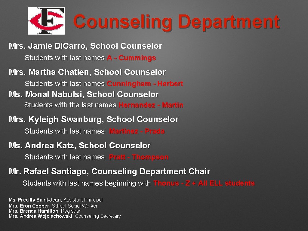 Counseling Department Mrs. Jamie Di. Carro, School Counselor Students with last names A -