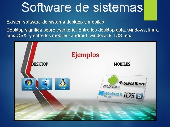 Software de sistemas Existen software de sistema desktop y mobiles. Desktop significa sobre escritorio.