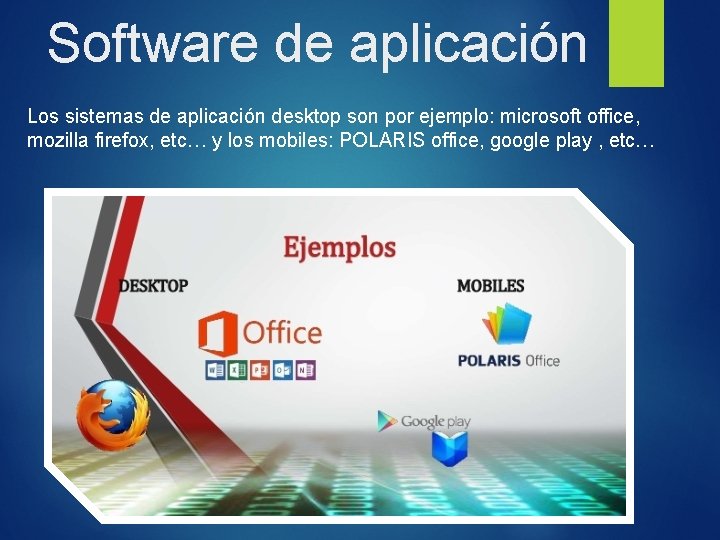 Software de aplicación Los sistemas de aplicación desktop son por ejemplo: microsoft office, mozilla