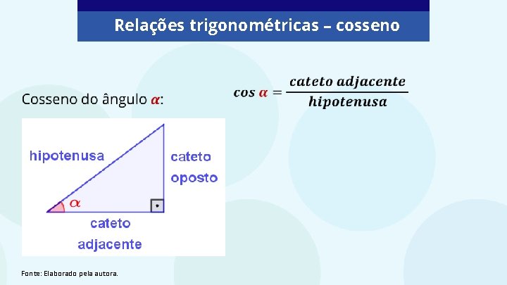 Relações trigonométricas – cosseno Fonte: Elaborado pela autora. 