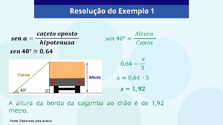 Resolução do Exemplo 1 A altura da borda da caçamba ao chão é de