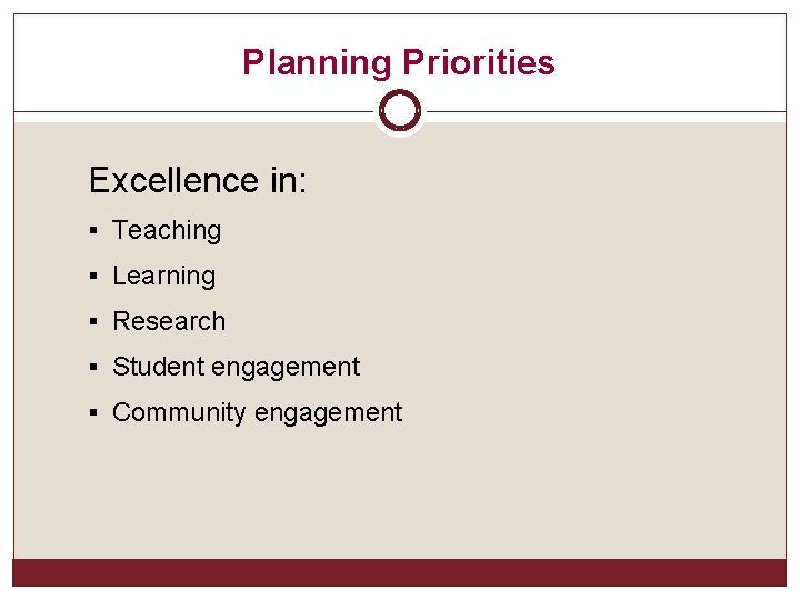 Planning Priorities Excellence in: § Teaching § Learning § Research § Student engagement §