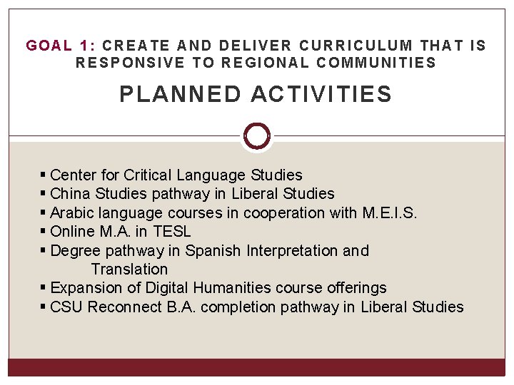 GOAL 1: CREATE AND DELIVER CURRICULUM THAT IS RESPONSIVE TO REGIONAL COMMUNITIES PLANNED ACTIVITIES