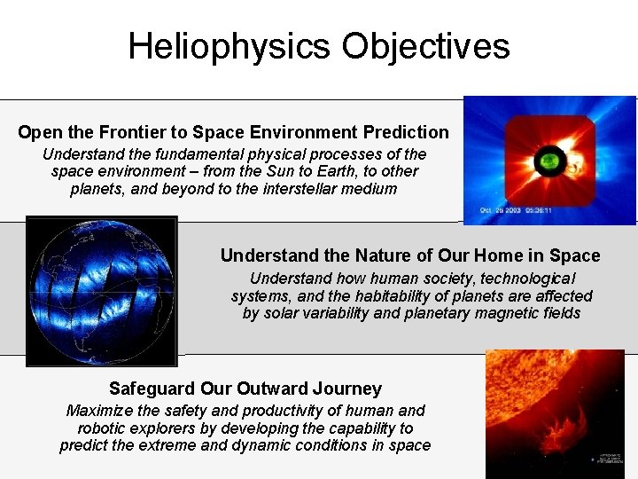 Heliophysics Objectives Open the Frontier to Space Environment Prediction Understand the fundamental physical processes