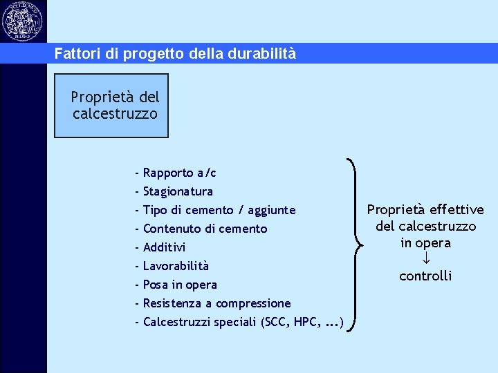 Fattori di progetto della durabilità Proprietà del calcestruzzo - Rapporto a/c - Stagionatura -