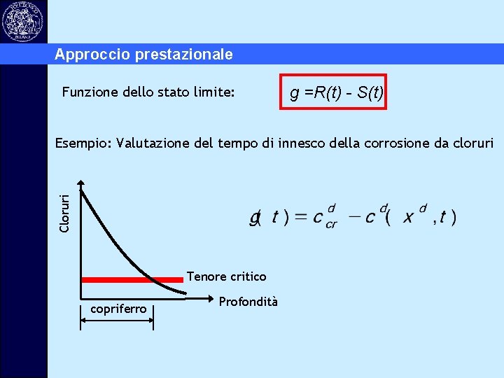 Approccio prestazionale Funzione dello stato limite: g =R(t) - S(t) Cloruri Esempio: Valutazione del