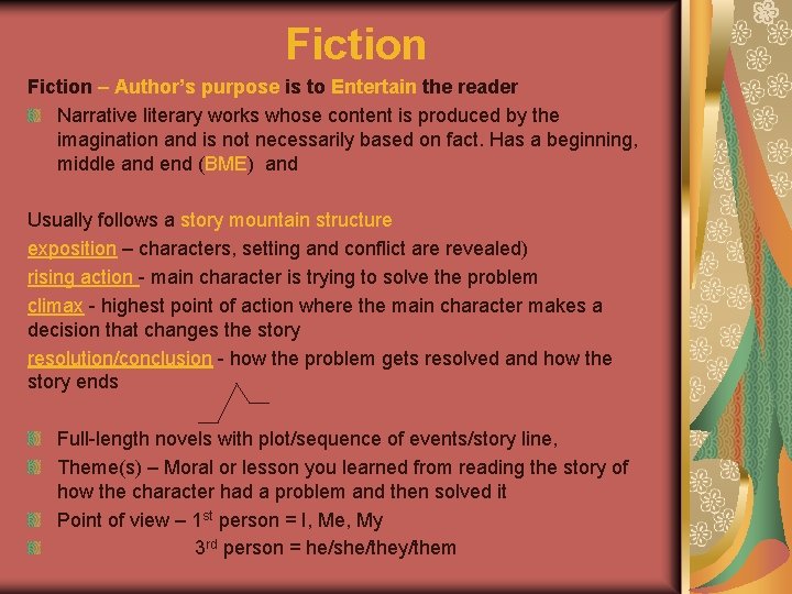 Fiction – Author’s purpose is to Entertain the reader Narrative literary works whose content