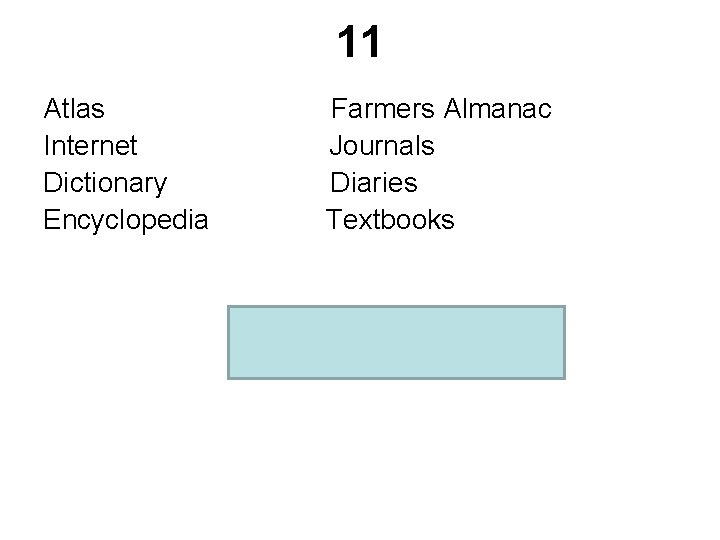 11 Atlas Internet Dictionary Encyclopedia Farmers Almanac Journals Diaries Textbooks Nonfiction/Informational Resources 