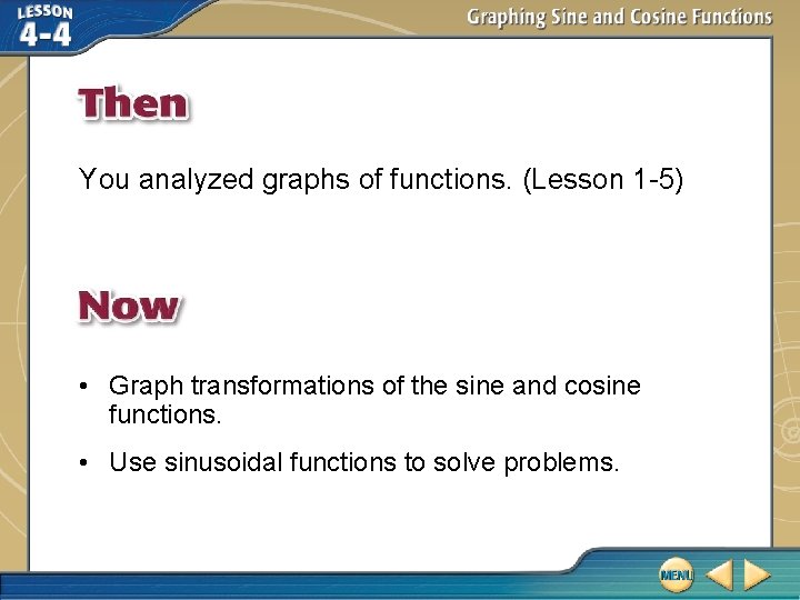 You analyzed graphs of functions. (Lesson 1 -5) • Graph transformations of the sine