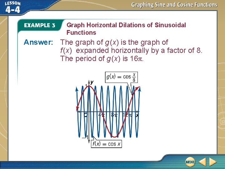 Graph Horizontal Dilations of Sinusoidal Functions Answer: The graph of g (x) is the