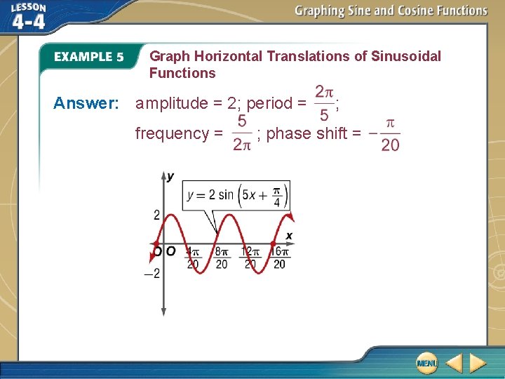 Graph Horizontal Translations of Sinusoidal Functions Answer: amplitude = 2; period = frequency =