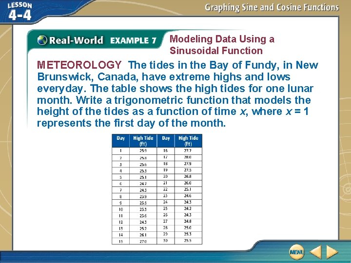 Modeling Data Using a Sinusoidal Function METEOROLOGY The tides in the Bay of Fundy,