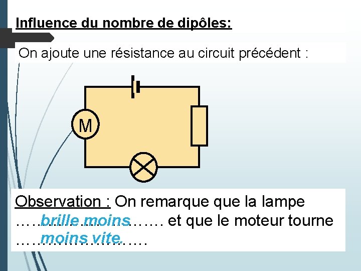Influence du nombre de dipôles: On ajoute une résistance au circuit précédent : M Influence du nombre de dipôles: On ajoute une résistance au circuit précédent : M
