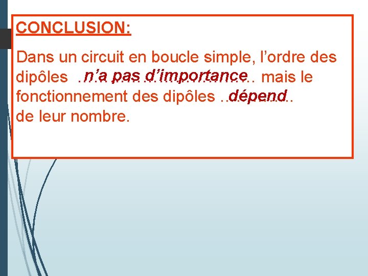 CONCLUSION: Dans un circuit en boucle simple, l’ordre des n’a pas d’importance mais le CONCLUSION: Dans un circuit en boucle simple, l’ordre des n’a pas d’importance mais le