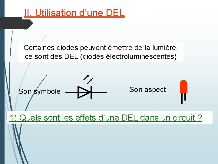 II. Utilisation d’une DEL Certaines diodes peuvent émettre de la lumière, ce sont des II. Utilisation d’une DEL Certaines diodes peuvent émettre de la lumière, ce sont des