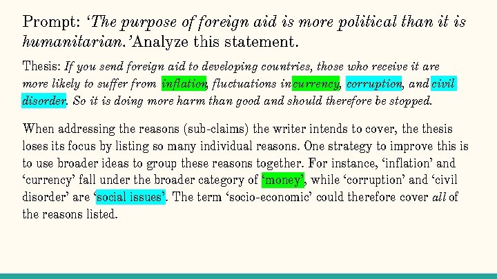 Prompt: ‘The purpose of foreign aid is more political than it is humanitarian. ’Analyze