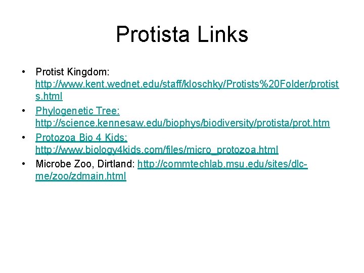 Protista Links • Protist Kingdom: http: //www. kent. wednet. edu/staff/kloschky/Protists%20 Folder/protist s. html •