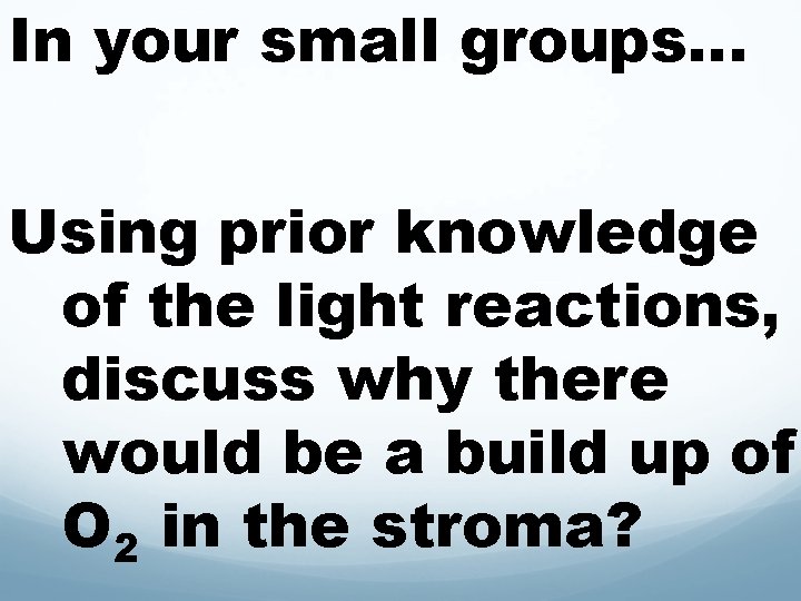 In your small groups… Using prior knowledge of the light reactions, discuss why there