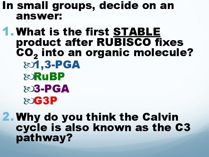In small groups, decide on an answer: 1. What is the first STABLE product