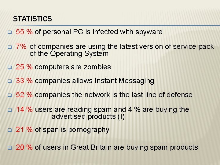 STATISTICS q 55 % of personal PC is infected with spyware q 7% of