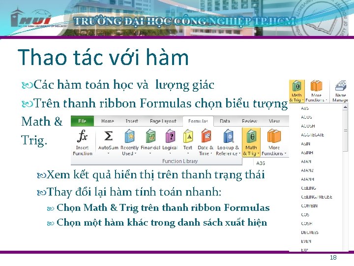 Thao tác với hàm Các hàm toán học và lượng giác Trên thanh ribbon