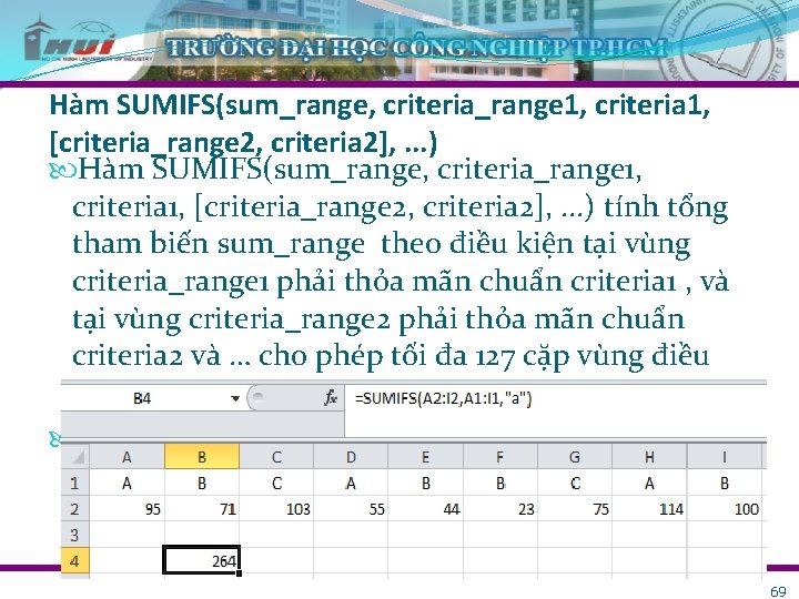 Hàm SUMIFS(sum_range, criteria_range 1, criteria 1, [criteria_range 2, criteria 2], . . . )