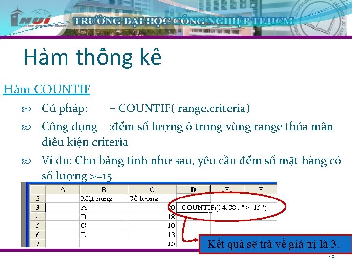 Ha m thô ng kê Hàm COUNTIF Cú pháp: = COUNTIF( range, criteria) Công