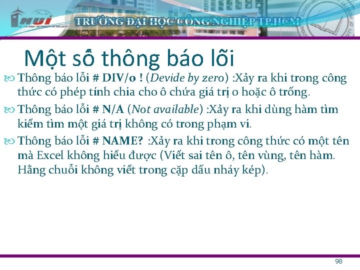 Mô t sô thông ba o lô i Thông báo lỗi # DIV/0 !