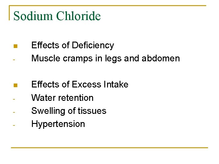 Sodium Chloride n - Effects of Deficiency Muscle cramps in legs and abdomen Effects