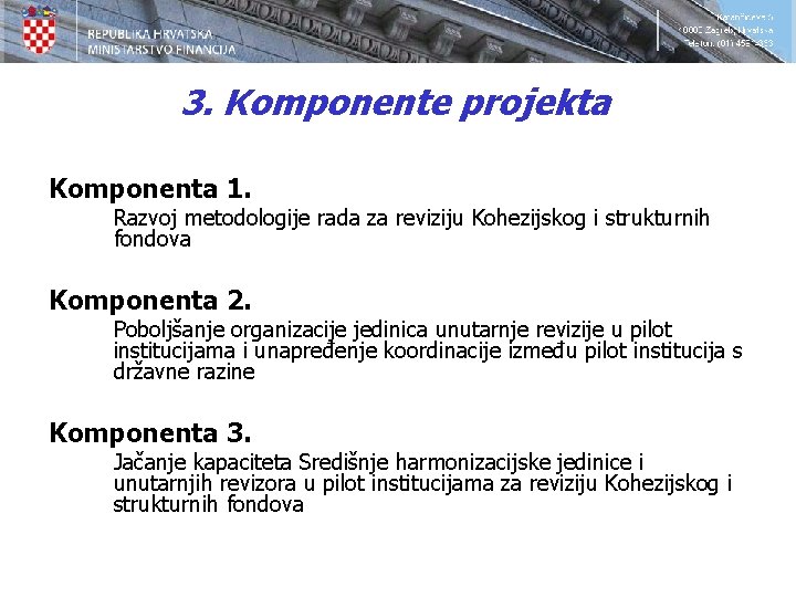 3. Komponente projekta Komponenta 1. Razvoj metodologije rada za reviziju Kohezijskog i strukturnih fondova