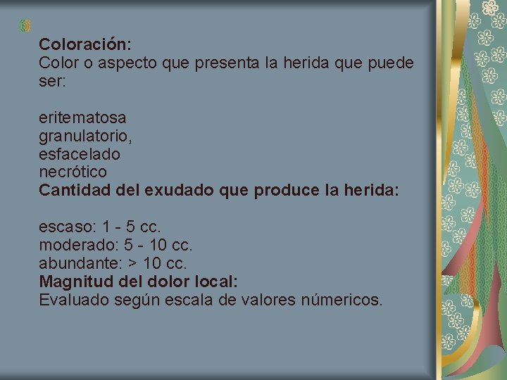 Coloración: Color o aspecto que presenta la herida que puede ser: eritematosa granulatorio, esfacelado