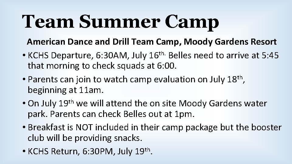 Team Summer Camp American Dance and Drill Team Camp, Moody Gardens Resort • KCHS Team Summer Camp American Dance and Drill Team Camp, Moody Gardens Resort • KCHS